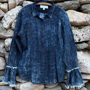 Ryan Michael Indigo Washed Cotton Flounce Sleeve Shirt w/ Buffalo Buttons XXL